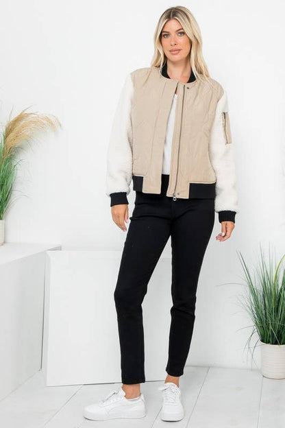 Quilted Bomber With Sherpa Sleeves