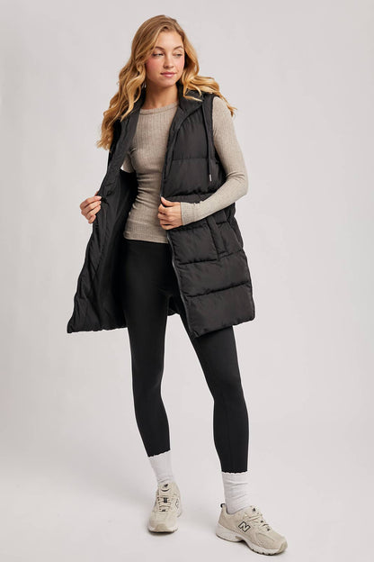 HOODED ZIPPER DOWN LONGLINE PUFFER VEST