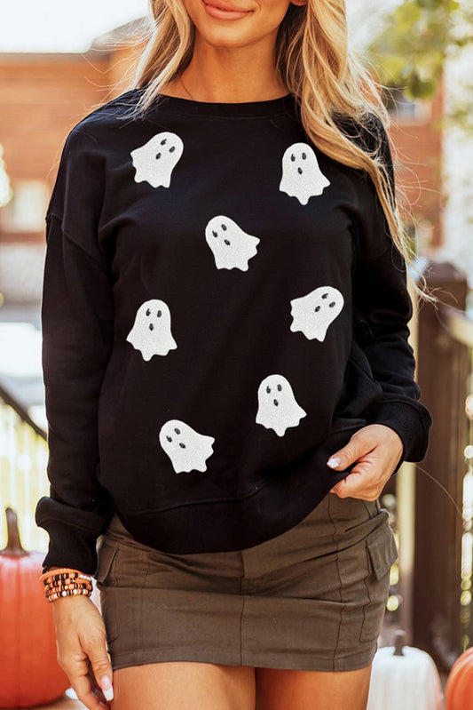 Sequin Ghost Patched Drop Shoulder Crew